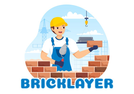 Bricklayer Worker Illustration with People Construction and Laying Bricks for Building a Wall in Flat Cartoon Hand Drawn Landing Page Templatesのイラスト素材