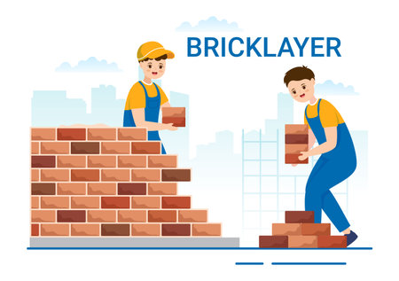 Bricklayer Worker Illustration with People Construction and Laying Bricks for Building a Wall in Flat Cartoon Hand Drawn Landing Page Templatesのイラスト素材
