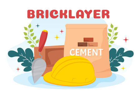 Bricklayer Worker Illustration with People Construction and Laying Bricks for Building a Wall in Flat Cartoon Hand Drawn Landing Page Templatesのイラスト素材