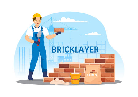 Bricklayer Worker Illustration with People Construction and Laying Bricks for Building a Wall in Flat Cartoon Hand Drawn Landing Page Templatesのイラスト素材