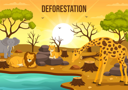 Deforestation Illustration with Tree in the Felled Forest and Burning Into Pollution Causing the Extinction of Animals in Cartoon Hand Drawn Templatesのイラスト素材