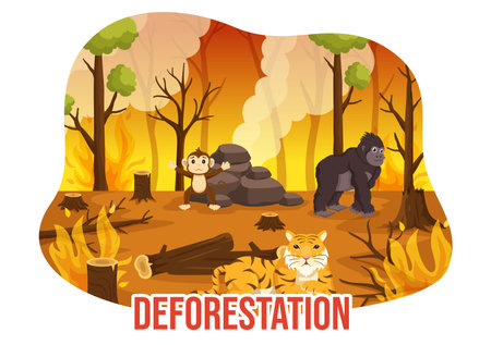 Deforestation Illustration with Tree in the Felled Forest and Burning Into Pollution Causing the Extinction of Animals in Cartoon Hand Drawn Templatesのイラスト素材