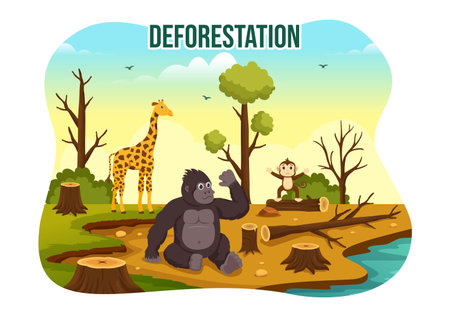 Deforestation Illustration with Tree in the Felled Forest and Burning Into Pollution Causing the Extinction of Animals in Cartoon Hand Drawn Templatesのイラスト素材