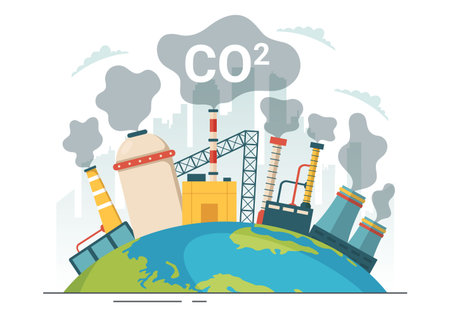 Carbon Dioxide or CO2 Illustration to Save Planet Earth from Climate Change as a Result of Factory and Vehicle Pollution in Hand Drawn Templatesのイラスト素材