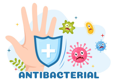 Antibacterial Illustration with Washing Hands, Virus Infection and Microbes Bacterias Control in Hygiene Healthcare Flat Cartoon Hand Drawn Templatesのイラスト素材