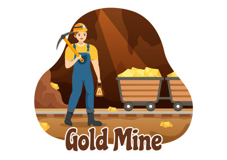 Gold Mine Illustration with Mining Industry Activity for Treasure, Pile of Coins, Jewelry and Gem in Flat Cartoon Hand Drawn Landing Page Templatesのイラスト素材