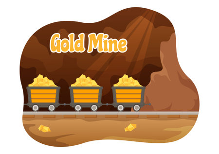 Gold Mine Illustration with Mining Industry Activity for Treasure, Pile of Coins, Jewelry and Gem in Flat Cartoon Hand Drawn Landing Page Templatesのイラスト素材