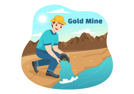 Gold Mine Illustration with Mining Industry Activity for Treasure, Pile of Coins, Jewelry and Gem in Flat Cartoon Hand Drawn Landing Page Templatesのイラスト素材