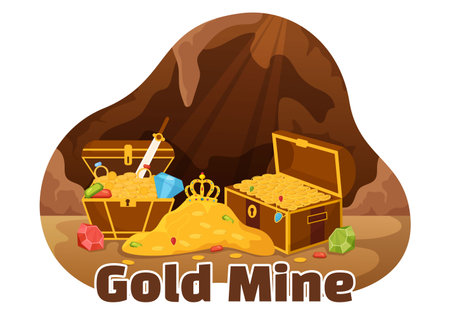 Gold Mine Illustration with Mining Industry Activity for Treasure, Pile of Coins, Jewelry and Gem in Flat Cartoon Hand Drawn Landing Page Templatesのイラスト素材