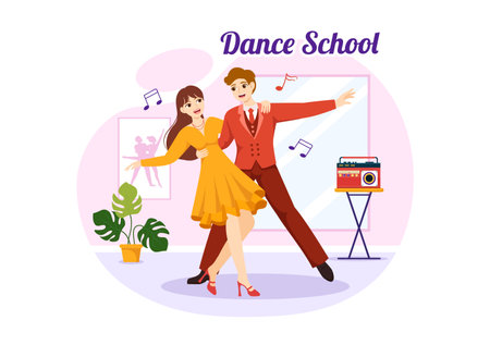 Dance School Illustration of People Dancing or Choreography with Music Equipment in Studio in Flat Cartoon Hand Drawn Landing Page Templatesのイラスト素材