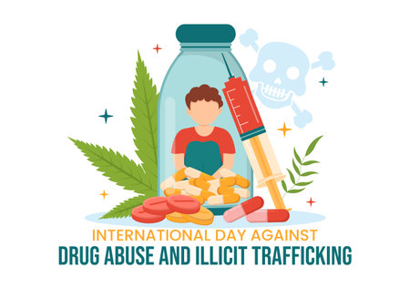 International Day Against Drug abuse and Illicit Trafficking illustration with Anti Narcotics to Avoid Drugs in Hand Drawn Templates Illustrationのイラスト素材
