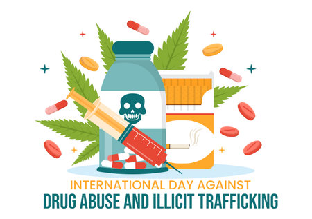 International Day Against Drug abuse and Illicit Trafficking illustration with Anti Narcotics to Avoid Drugs in Hand Drawn Templates Illustrationのイラスト素材