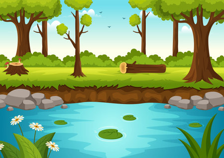 River Landscape Illustration with View Mountains, Green Fields, Trees and Forest Surrounding the Rivers in Flat Cartoon Hand Drawn Templatesのイラスト素材