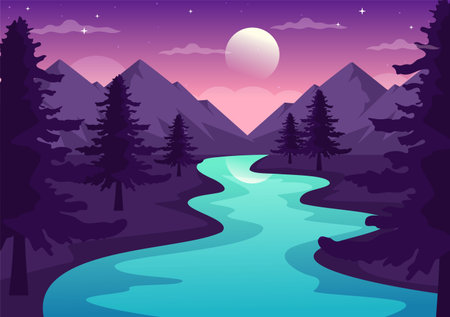 River Landscape Illustration with View Mountains, Green Fields, Trees and Forest Surrounding the Rivers in Flat Cartoon Hand Drawn Templatesのイラスト素材