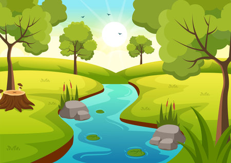 River Landscape Illustration with View Mountains, Green Fields, Trees and Forest Surrounding the Rivers in Flat Cartoon Hand Drawn Templatesのイラスト素材