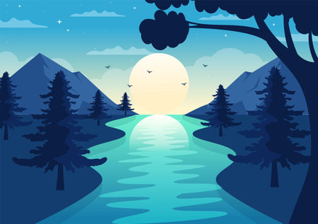 River Landscape Illustration with View Mountains, Green Fields, Trees and Forest Surrounding the Rivers in Flat Cartoon Hand Drawn Templatesのイラスト素材