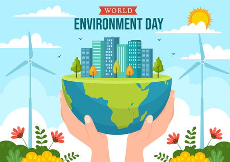 World Environment Day Illustration with Green Tree and Animals in Forest for Save the Planet or Taking Care of the Earth in Hand Drawn Templatesのイラスト素材