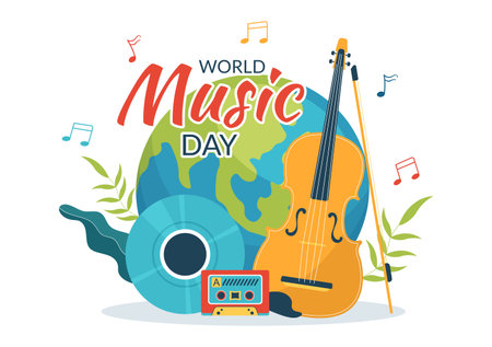 World Music Day Illustration with Various Musical Instruments and Notes in Flat Cartoon Hand Drawn for Publication Poster or Landing Page Templatesのイラスト素材