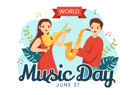 World Music Day Illustration with Various Musical Instruments and Notes in Flat Cartoon Hand Drawn for Publication Poster or Landing Page Templatesのイラスト素材