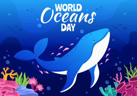 World Oceans Day Illustration to Help Protect and Conserve Ocean, Fish, Ecosystem or Sea Plants in Flat Cartoon Hand Drawn for Landing Page Templatesのイラスト素材