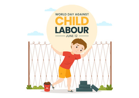 World Day Against Child Labour Illustration with Children Working for the Necessities of Life in Flat Kids Cartoon Hand Drawn for Campaign Templatesのイラスト素材
