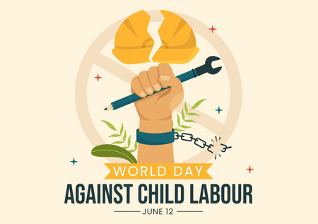 World Day Against Child Labour Illustration with Children Working for the Necessities of Life in Flat Kids Cartoon Hand Drawn for Campaign Templatesのイラスト素材