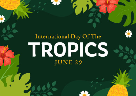 International Day of the Tropic Vector Illustration on 29 June with Animal, Grass and Flower Plants to Preserve in Flat Cartoon Hand Drawn Templatesのイラスト素材