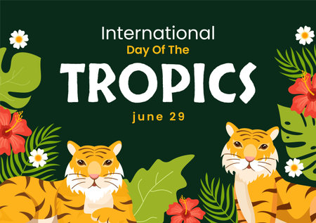 International Day of the Tropic Vector Illustration on 29 June with Animal, Grass and Flower Plants to Preserve in Flat Cartoon Hand Drawn Templatesのイラスト素材