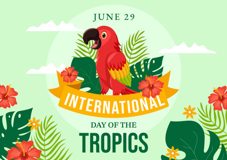 International Day of the Tropic Vector Illustration on 29 June with Animal, Grass and Flower Plants to Preserve in Flat Cartoon Hand Drawn Templatesのイラスト素材