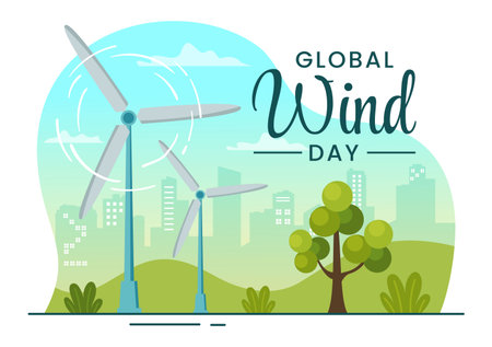 Global Wind Day Vector Illustration on June 15 with Earth Globe and Winds Turbines on Blue Sky in Flat Cartoon Hand Drawn Landing Page Templatesのイラスト素材