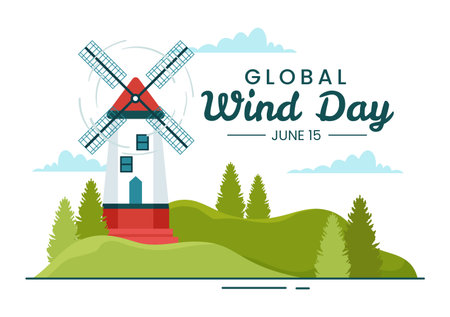 Global Wind Day Vector Illustration on June 15 with Earth Globe and Winds Turbines on Blue Sky in Flat Cartoon Hand Drawn Landing Page Templatesのイラスト素材