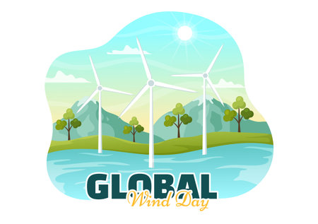 Global Wind Day Vector Illustration on June 15 with Earth Globe and Winds Turbines on Blue Sky in Flat Cartoon Hand Drawn Landing Page Templatesのイラスト素材