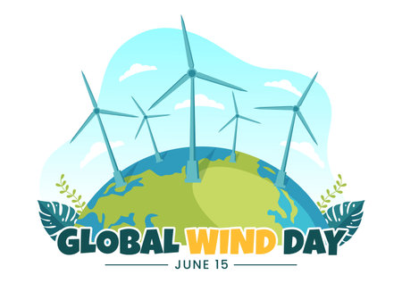 Global Wind Day Vector Illustration on June 15 with Earth Globe and Winds Turbines on Blue Sky in Flat Cartoon Hand Drawn Landing Page Templatesのイラスト素材