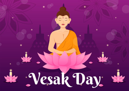 Vesak Day Celebration Vector Illustration with Temple Silhouette, Lotus Flower, Lantern or Buddha...