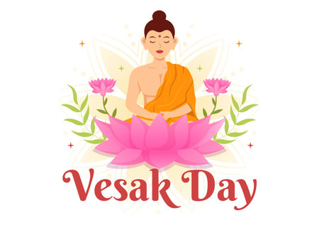 Vesak Day Celebration Vector Illustration with Temple Silhouette, Lotus Flower, Lantern or Buddha Person in Flat Cartoon Hand Drawn Templatesのイラスト素材