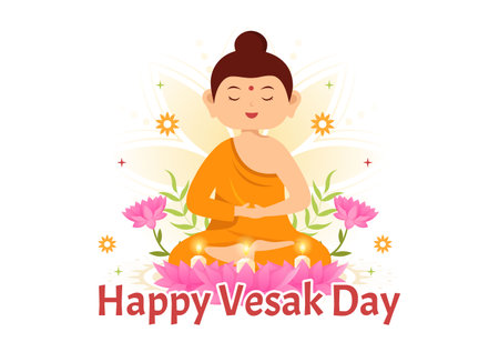 Vesak Day Celebration Vector Illustration with Temple Silhouette, Lotus Flower, Lantern or Buddha Person in Flat Cartoon Hand Drawn Templatesのイラスト素材