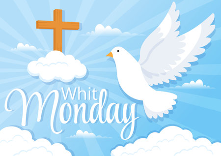 Whit Monday Vector Illustration with a Pigeon or Dove for Christian Community Holiday of the Holy Spirit in Flat Cartoon Hand Drawn Templatesのイラスト素材