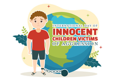 International Day of Innocent Children Victims of Aggression Vector Illustration with Kids Sad Pensive and Cries in Flat Cartoon Hand Drawn Templatesのイラスト素材