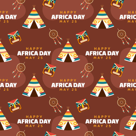 Happy Africa Day Seamless Pattern Design with Culture African Tribal Figures Decoration in Template Hand Drawn Cartoon Flat Illustrationのイラスト素材