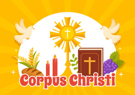 Corpus Christi Catholic Religious Holiday Vector Illustration with Feast Day, Cross, Bread and Grapes in Flat Cartoon Hand Drawn Poster Templatesのイラスト素材