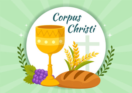 Corpus Christi Catholic Religious Holiday Vector Illustration with Feast Day, Cross, Bread and Grapes in Flat Cartoon Hand Drawn Poster Templatesのイラスト素材