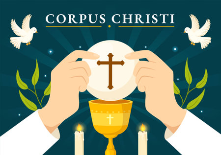Corpus Christi Catholic Religious Holiday Vector Illustration with Feast Day, Cross, Bread and Grapes in Flat Cartoon Hand Drawn Poster Templatesのイラスト素材
