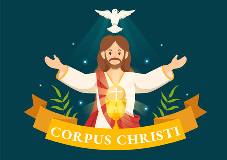 Corpus Christi Catholic Religious Holiday Vector Illustration with Feast Day, Cross, Bread and Grapes in Flat Cartoon Hand Drawn Poster Templatesのイラスト素材