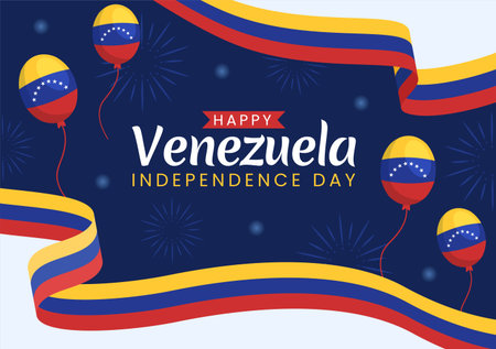 Happy Venezuela Independence Day Vector Illustration on 5 July with Flags, Balloon and Confetti in Memorial Holiday Background Hand Drawn Templateのイラスト素材