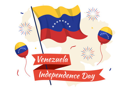 Happy Venezuela Independence Day Vector Illustration on 5 July with Flags, Balloon and Confetti in Memorial Holiday Background Hand Drawn Templateのイラスト素材