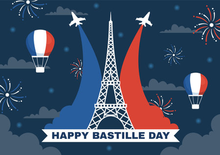 Happy Bastille Day on 14 july Vector Illustration with French Flag and Eiffel Tower in Flat Cartoon Hand Drawn for Landing Page Templatesのイラスト素材