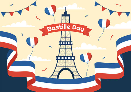 Happy Bastille Day on 14 july Vector Illustration with French Flag and Eiffel Tower in Flat Cartoon Hand Drawn for Landing Page Templatesのイラスト素材