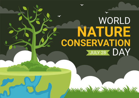 World Nature Conservation Day Vector Illustration with World Map, Tree and Eco Friendly Ecology in Flat Cartoon Hand Drawn Landing Page Templatesのイラスト素材