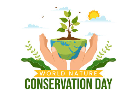 World Nature Conservation Day Vector Illustration with World Map, Tree and Eco Friendly Ecology in Flat Cartoon Hand Drawn Landing Page Templatesのイラスト素材