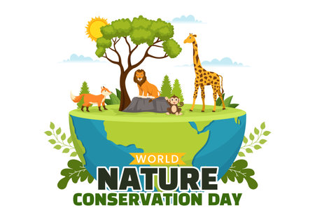 World Nature Conservation Day Vector Illustration with World Map, Tree and Eco Friendly Ecology in Flat Cartoon Hand Drawn Landing Page Templatesのイラスト素材
